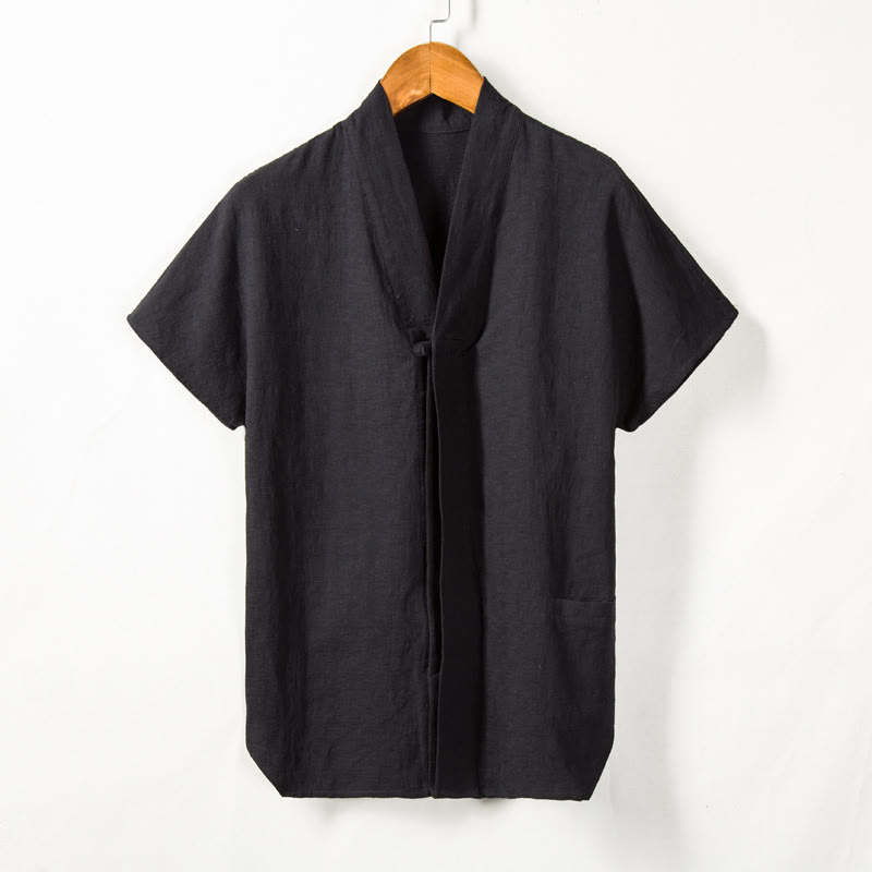 Buddha Stones Men's Short Sleeve Shirt With Pocket Notched Neck Cardigan Comfort Cotton Linen Shirt - image 5