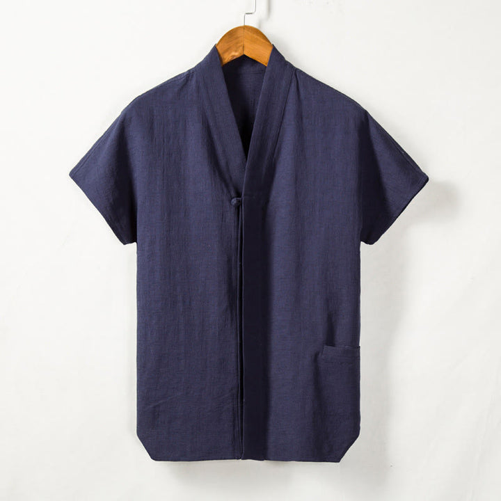 Buddha Stones Men's Short Sleeve Shirt With Pocket Notched Neck Cardigan Comfort Cotton Linen Shirt - image 7