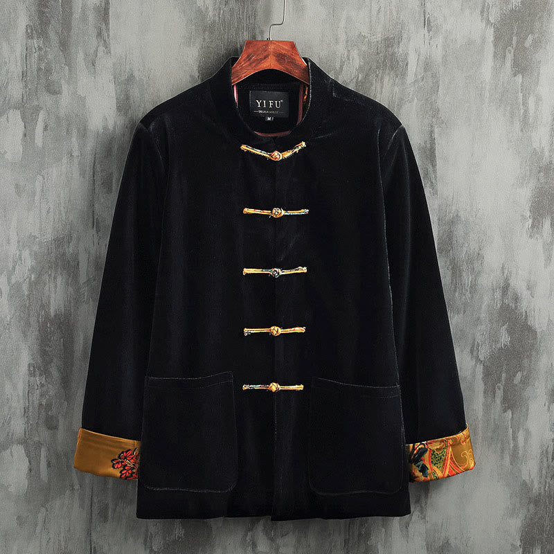 Buddha Stones Tang Suit Frog-button Round Neck Cotton Men's Jacket Shirt Clothing - Yellow Button - US/UK/AU42，EU52 (3XL) - image 1