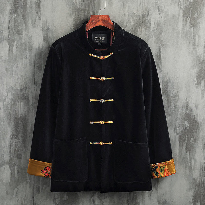 Buddha Stones Tang Suit Frog-button Round Neck Cotton Men's Jacket Shirt Clothing - Yellow Button - US/UK/AU42，EU52 (3XL) - image 1