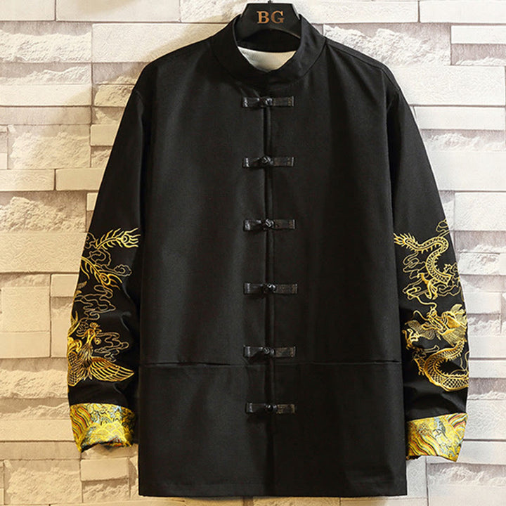 Buddha Stones Embroider Dragon Phoenix Casual Frog-button Cotton Men's Jacket Shirt Clothing