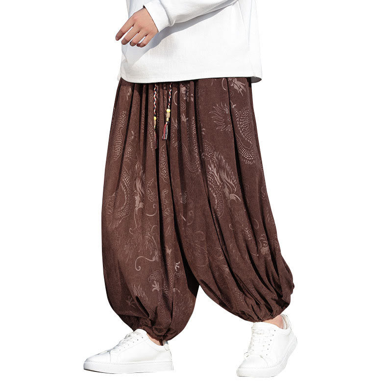 Buddha Stones Dragon Design Casual Plain Cotton Men's Pants With Pockets