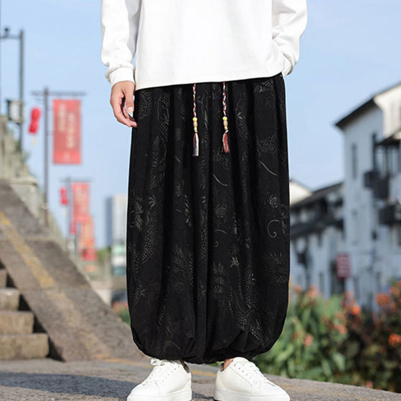 Buddha Stones Dragon Design Casual Plain Cotton Men's Pants With Pockets