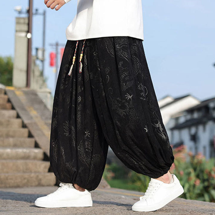 Buddha Stones Dragon Design Casual Plain Cotton Men's Pants With Pockets