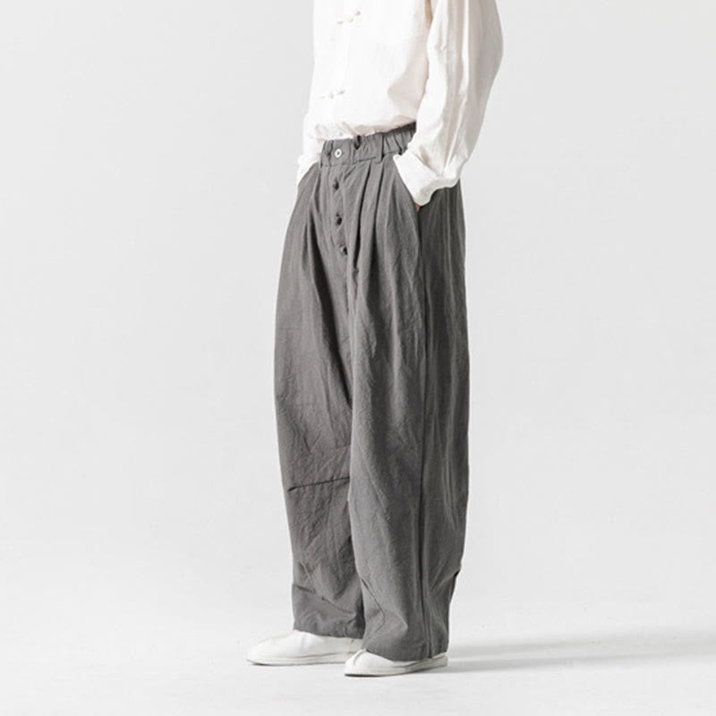 Buddha Stones Solid Color Casual Cotton Linen Men's Pants With Pockets