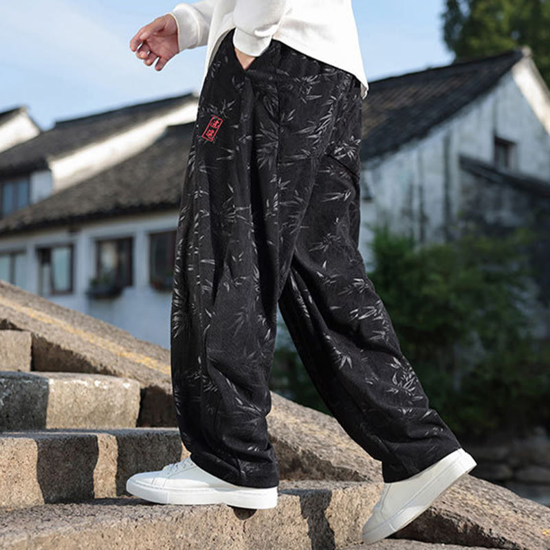 Buddha Stones Embroider Leaves Casual Cotton Men's Pants With Pockets