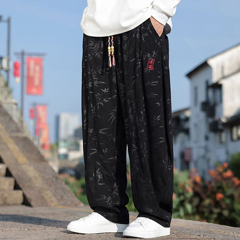 Buddha Stones Embroider Leaves Casual Cotton Men's Pants With Pockets - image 4