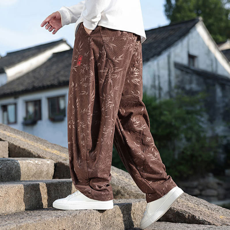 Buddha Stones Embroider Leaves Casual Cotton Men's Pants With Pockets