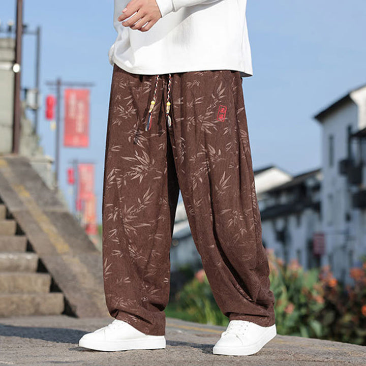 Buddha Stones Embroider Leaves Casual Cotton Men's Pants With Pockets