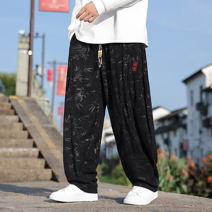Buddha Stones Embroider Leaves Casual Cotton Men's Pants With Pockets - Black - US/UK/AU46，EU56 (5XL) - image 0