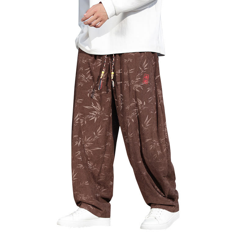 Buddha Stones Embroider Leaves Casual Cotton Men's Pants With Pockets