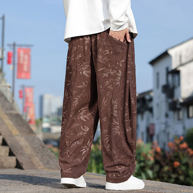 Buddha Stones Embroider Leaves Casual Cotton Men's Pants With Pockets