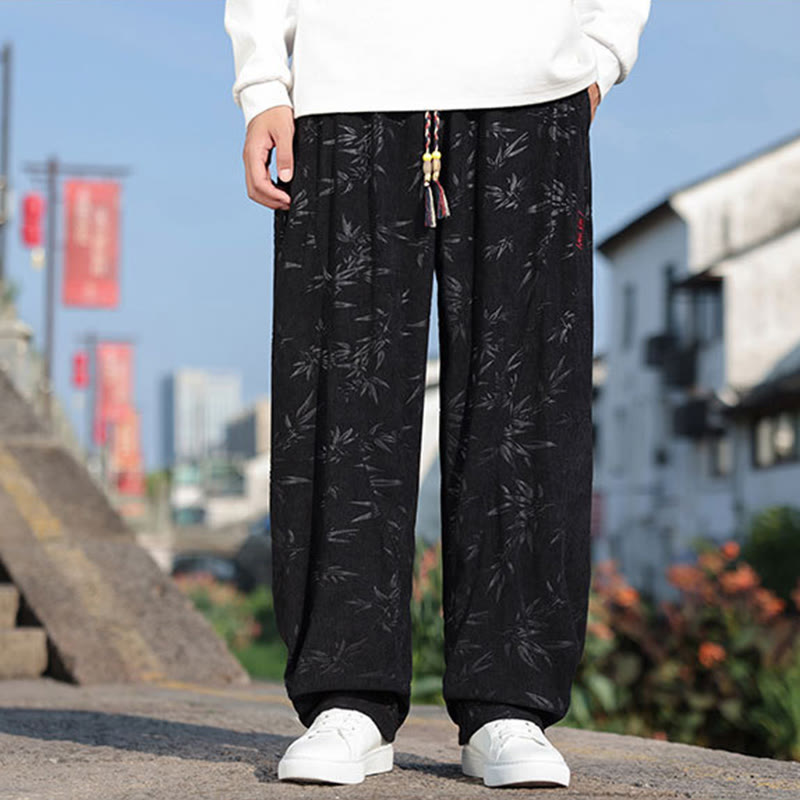 Buddha Stones Embroider Leaves Casual Cotton Men's Pants With Pockets