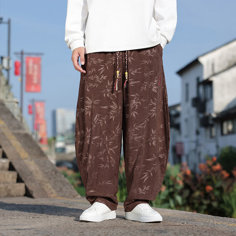 Buddha Stones Embroider Leaves Casual Cotton Men's Pants With Pockets