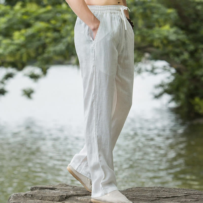 Buddha Stones Solid Color Cotton Linen Men's Wide Leg Pants With Pockets