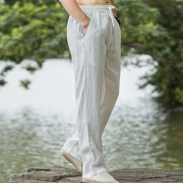 Buddha Stones Solid Color Cotton Linen Men's Wide Leg Pants With Pockets