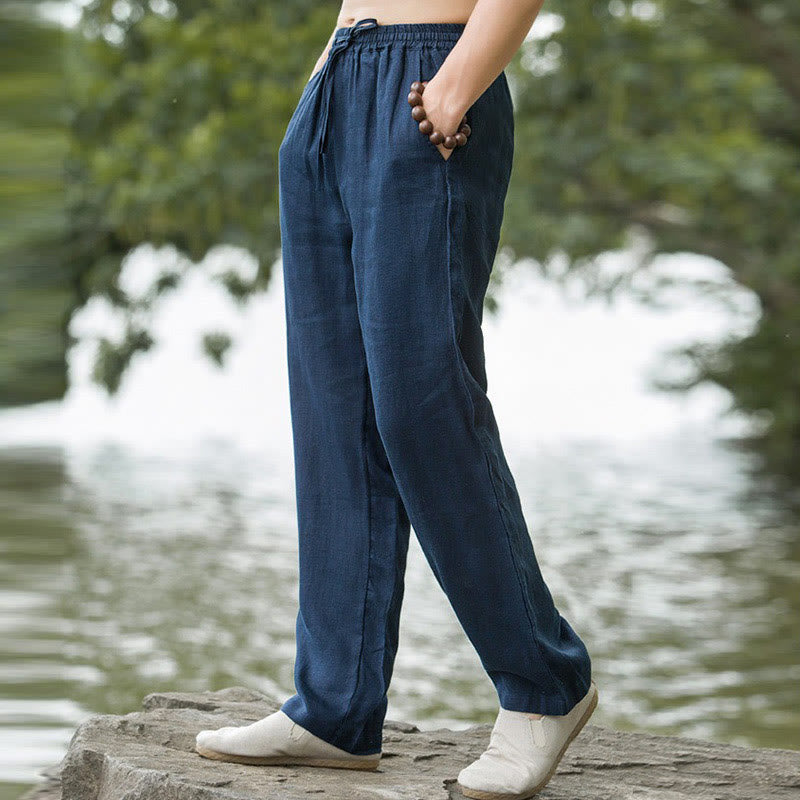 Buddha Stones Solid Color Cotton Linen Men's Wide Leg Pants With Pockets