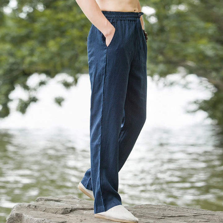 Buddha Stones Solid Color Cotton Linen Men's Wide Leg Pants With Pockets