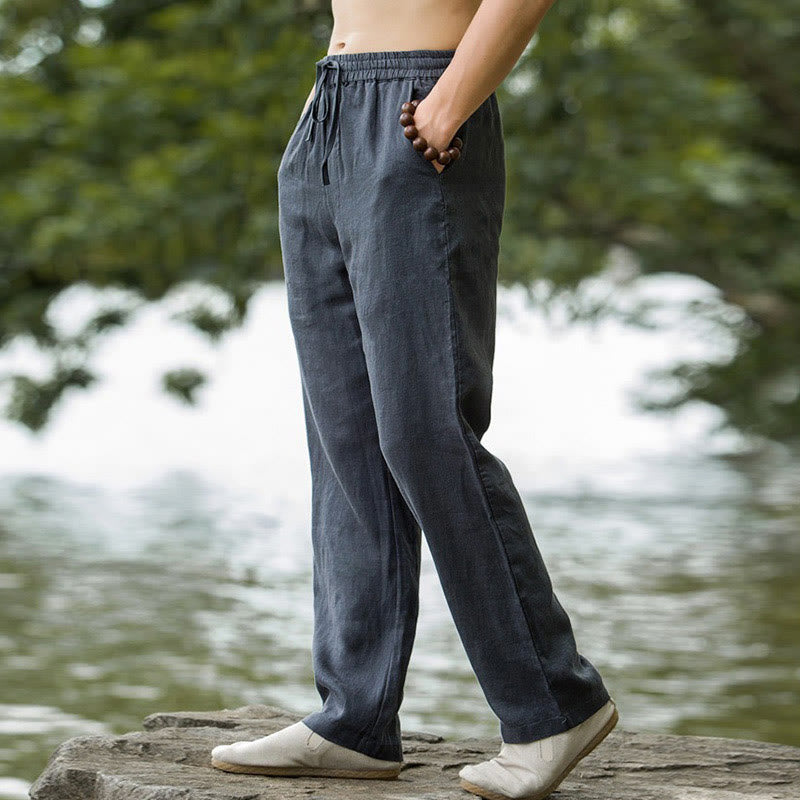 Buddha Stones Solid Color Cotton Linen Men's Wide Leg Pants With Pockets