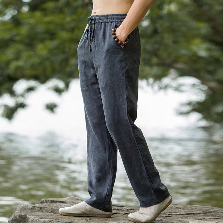 Buddha Stones Solid Color Cotton Linen Men's Wide Leg Pants With Pockets