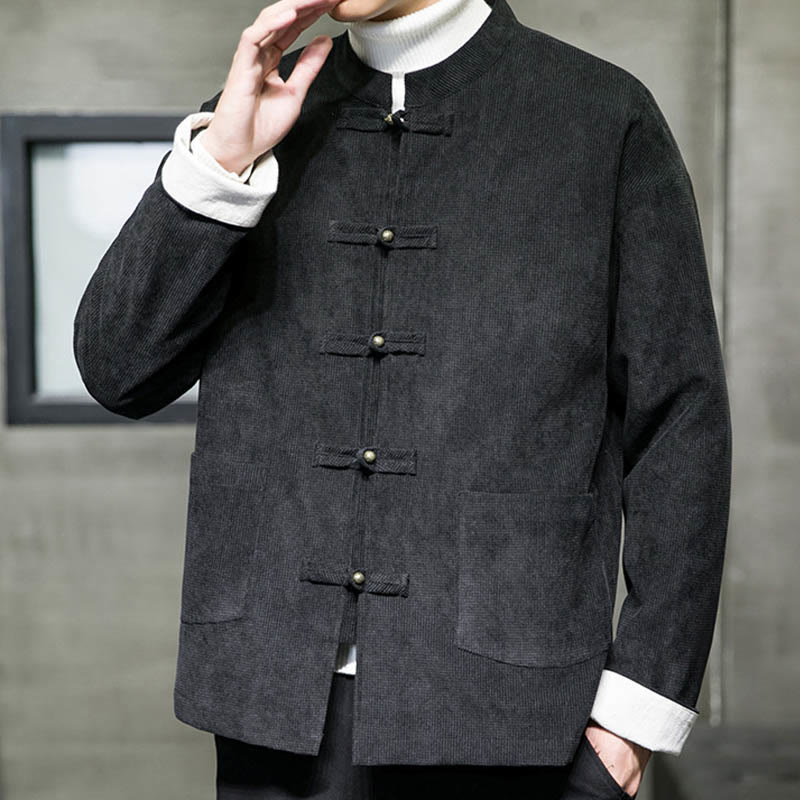 Buddha Stones Solid Color Frog-button Cotton Men's Jacket Shirt Clothing - image 4