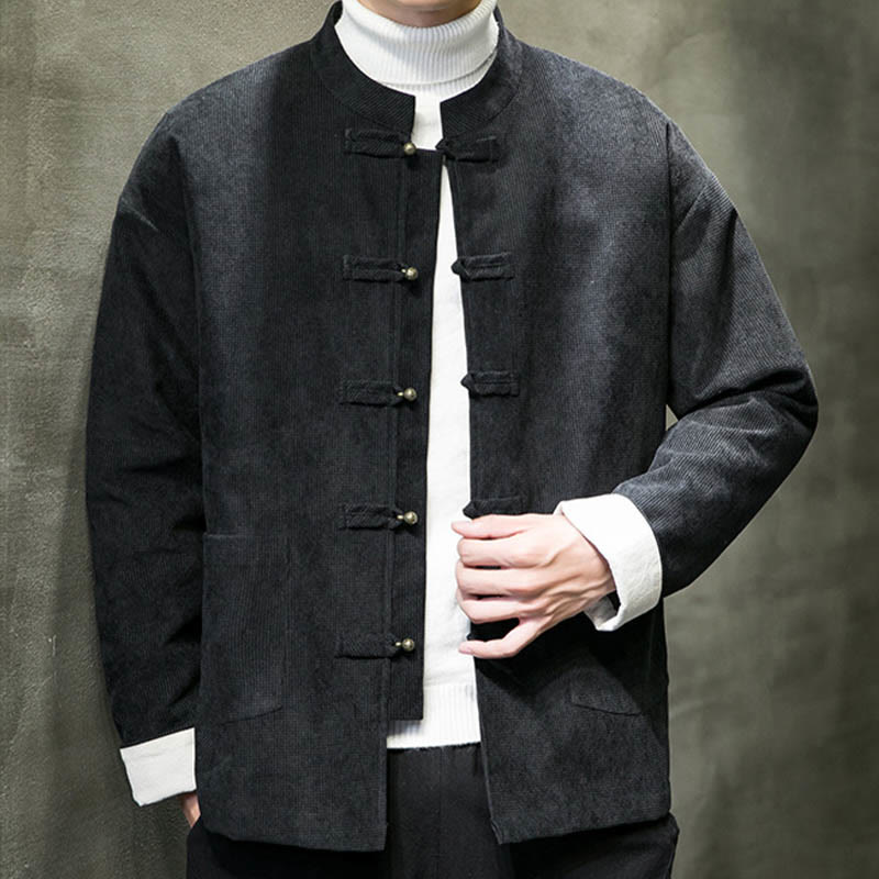 Buddha Stones Solid Color Frog-button Cotton Men's Jacket Shirt Clothing - Black - US/UK/AU46，EU56 (5XL) - image 1