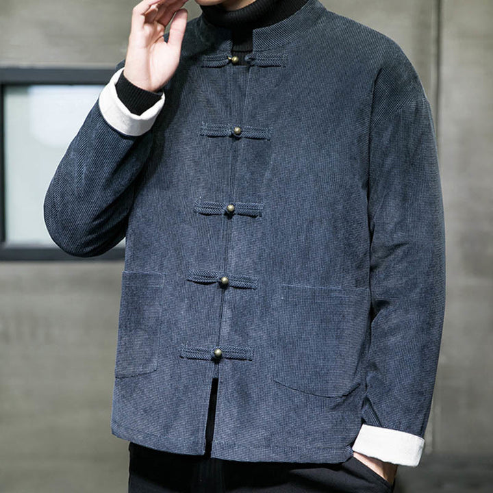 Buddha Stones Solid Color Frog-button Cotton Men's Jacket Shirt Clothing - image 13