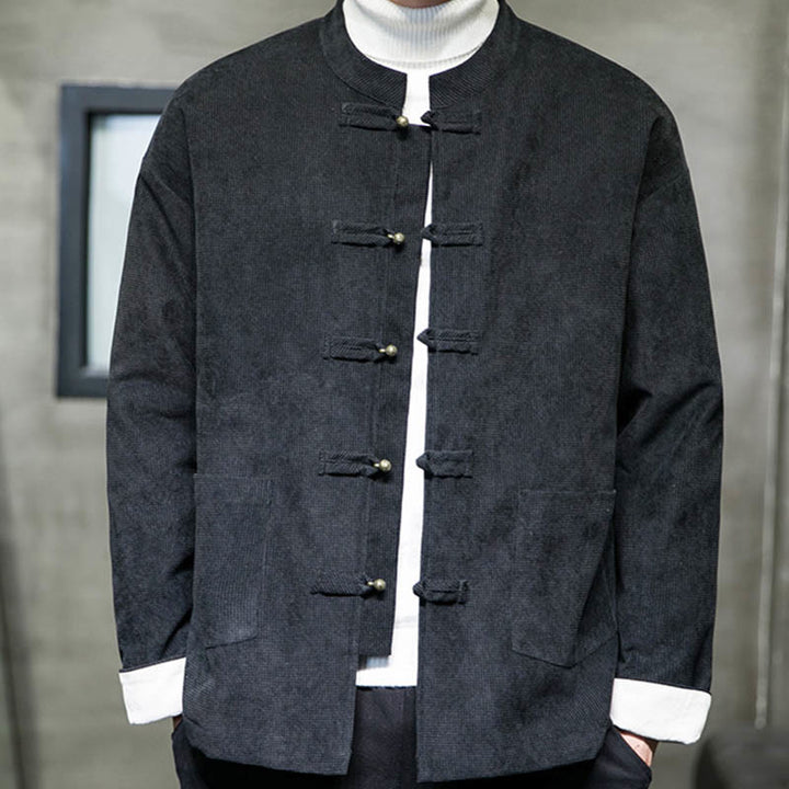 Buddha Stones Solid Color Frog-button Cotton Men's Jacket Shirt Clothing - image 5