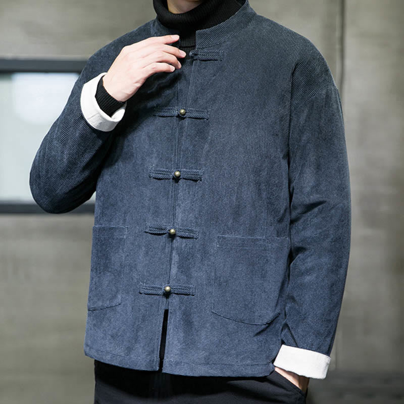 Buddha Stones Solid Color Frog-button Cotton Men's Jacket Shirt Clothing - image 15