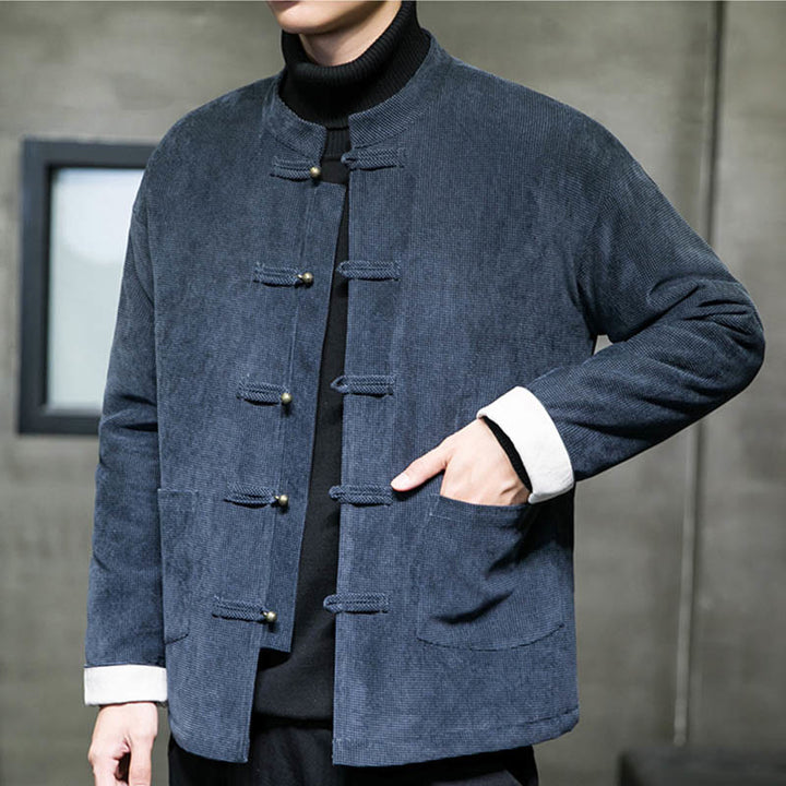 Buddha Stones Solid Color Frog-button Cotton Men's Jacket Shirt Clothing - image 14