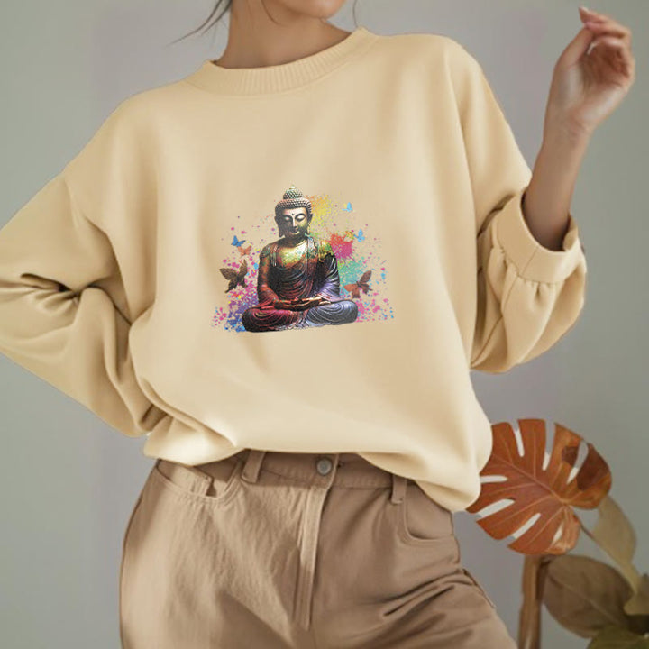 Buddha Stones Colorful Butterfly Flying Meditation Buddha Fleece Lined Polyester Sweatshirt