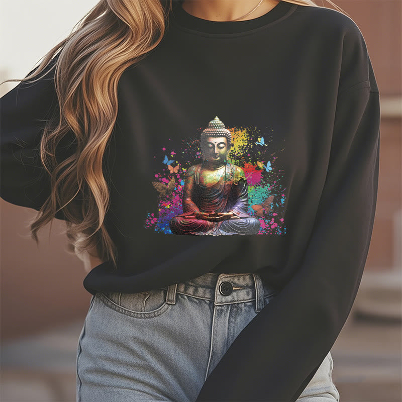 Buddha Stones Colorful Butterfly Flying Meditation Buddha Fleece Lined Polyester Sweatshirt