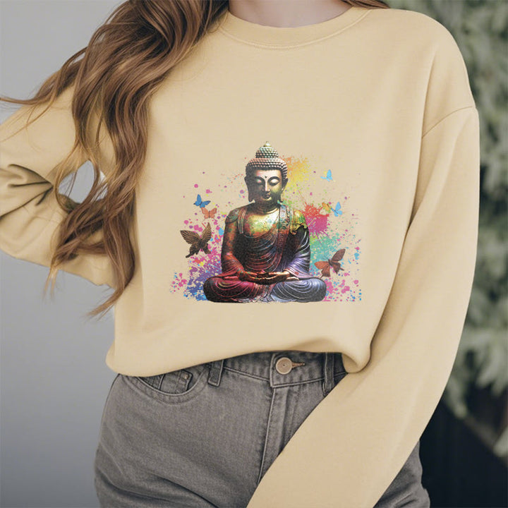 Buddha Stones Colorful Butterfly Flying Meditation Buddha Fleece Lined Polyester Sweatshirt