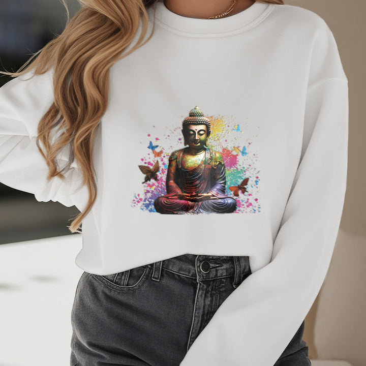 Buddha Stones Colorful Butterfly Flying Meditation Buddha Fleece Lined Polyester Sweatshirt