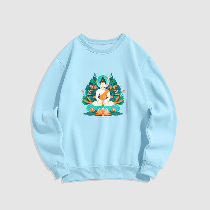 Buddha Stones Lotus Buddha Round Neck Fleece Lined Sweatshirt