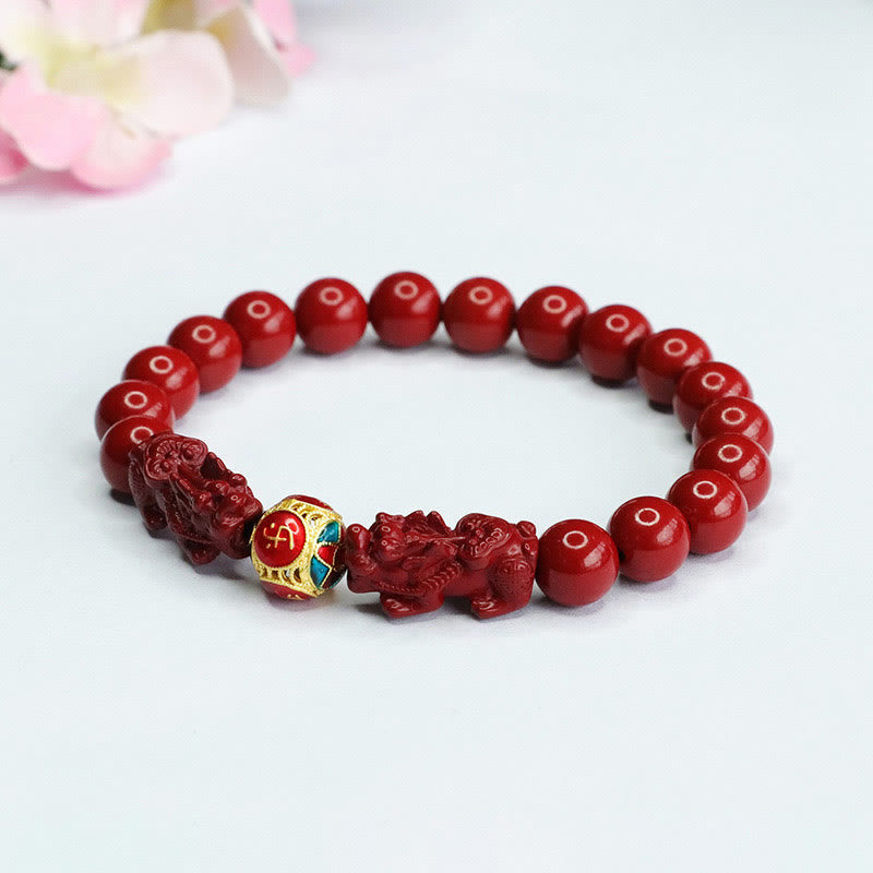 Buddha Stones Cinnabar Double PIXIU Keep Away Evil Spirits Bracelet