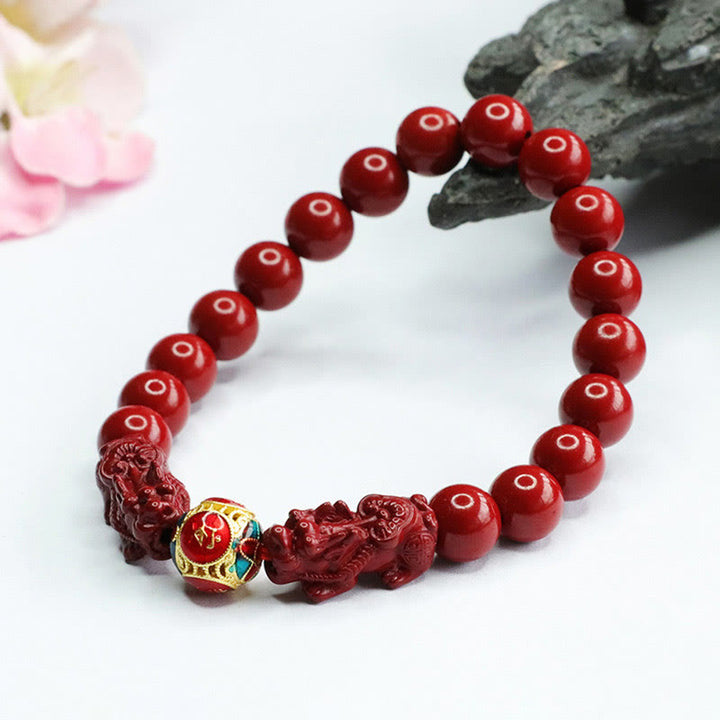 Buddha Stones Cinnabar Double PIXIU Keep Away Evil Spirits Bracelet