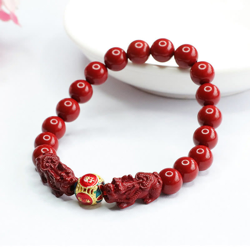 Buddha Stones Cinnabar Double PIXIU Keep Away Evil Spirits Bracelet