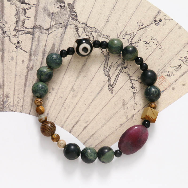 Buddha Stones Green Agate Three-eyed Dzi Bead Power Success Bracelet