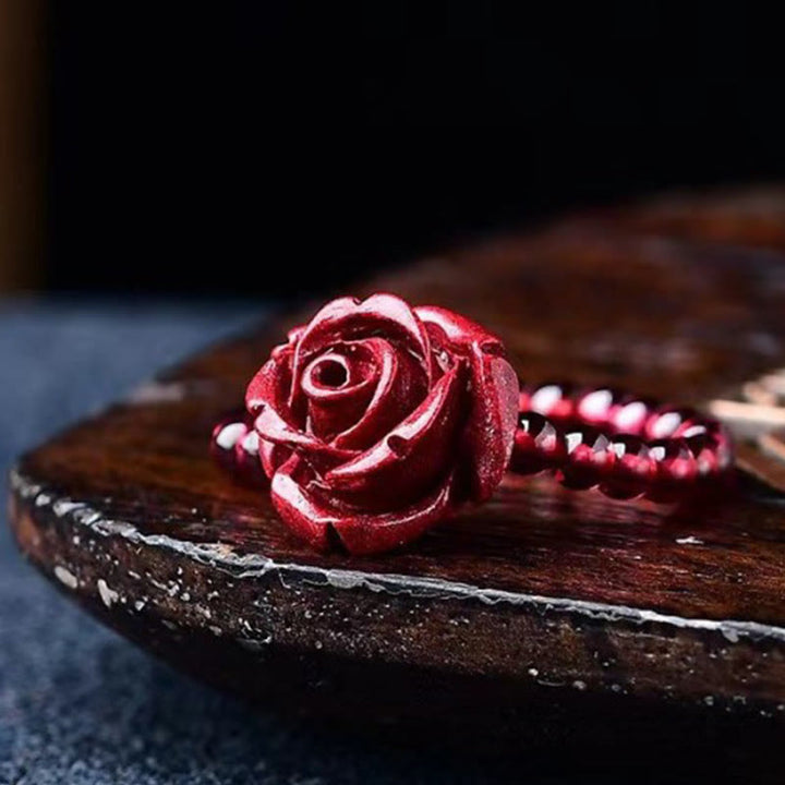 Buddha Stones Cinnabar Rose Garnet Beads Concentration Ring