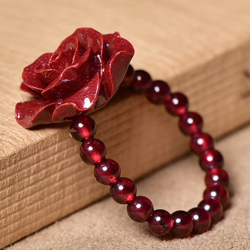 Buddha Stones Cinnabar Rose Garnet Beads Concentration Ring