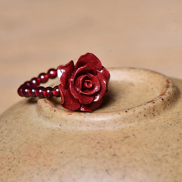 Buddha Stones Cinnabar Rose Garnet Beads Concentration Ring