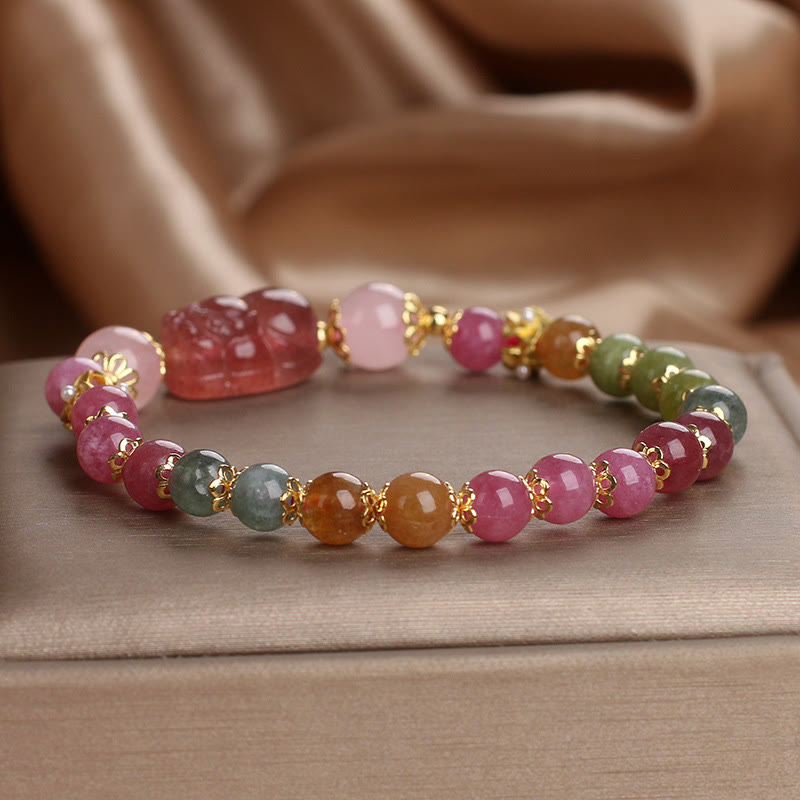 Buddha Stones Tourmaline Strawberry Quartz Pink Crystal PIXIU Love Bracelet