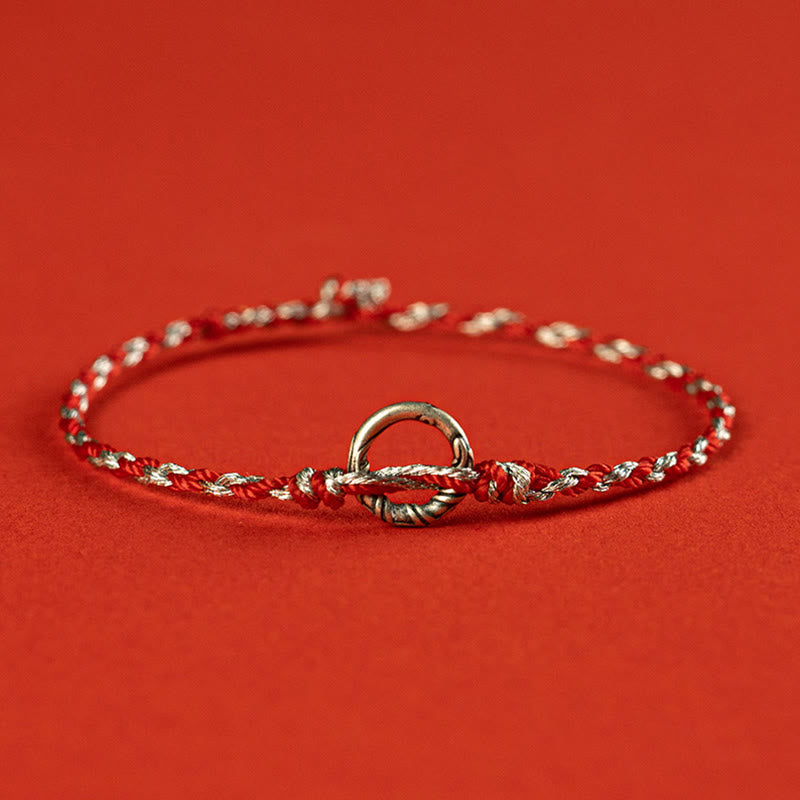 Buddha Stones 925 Sterling Silver Peace Buckle Luck String Bracelet - Red - 19cm - image 1