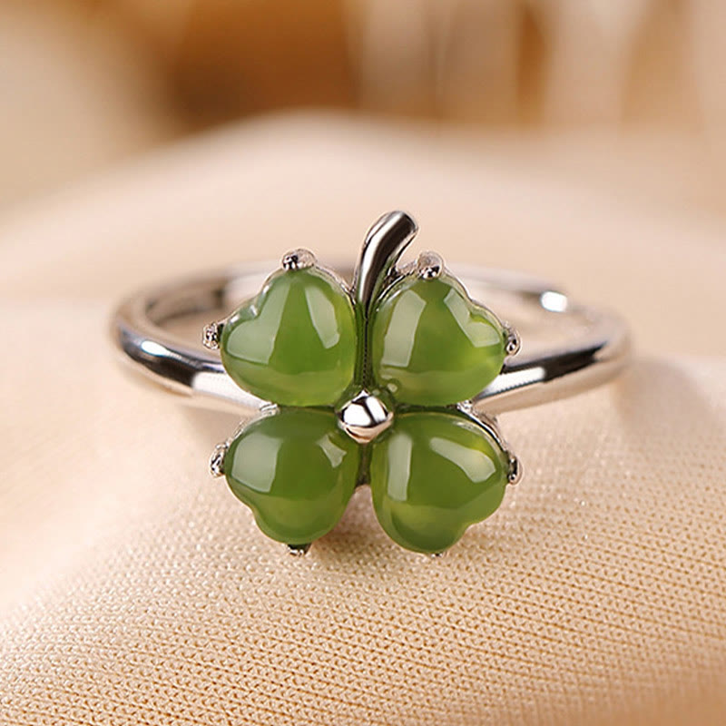 Buddha Stones 925 Sterling Silver Plated Gold Clover Hetian Cyan Jade Abundance Adjustable Ring