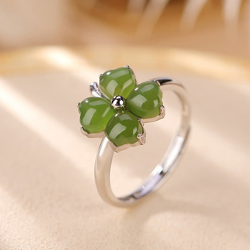 Buddha Stones 925 Sterling Silver Plated Gold Clover Hetian Cyan Jade Abundance Adjustable Ring