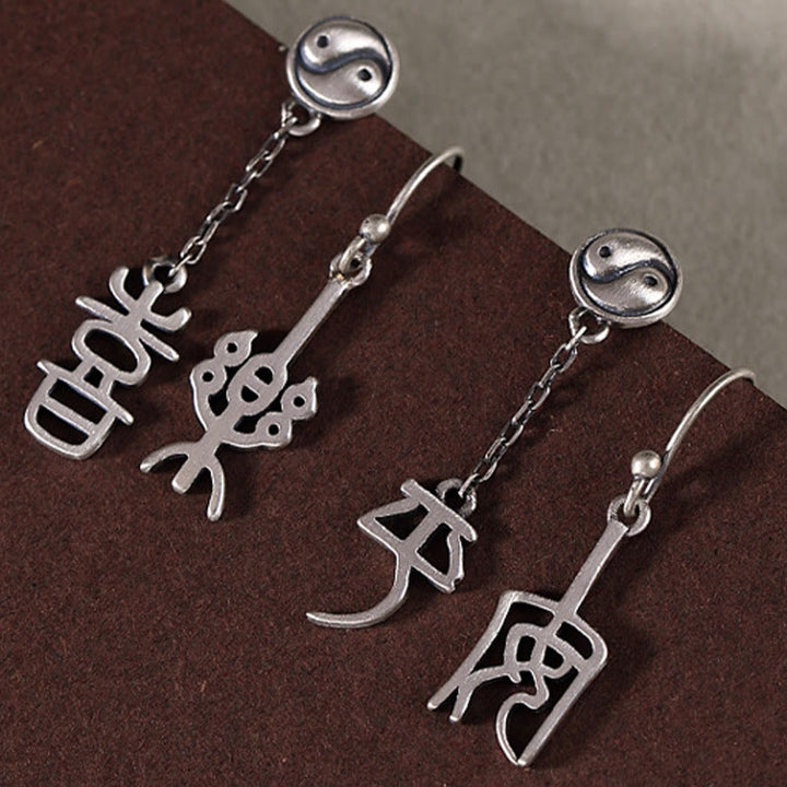 Buddha Stones 925 Sterling Silver Chinese Character 'Ping An' 'Xi Le' Protection Earrings