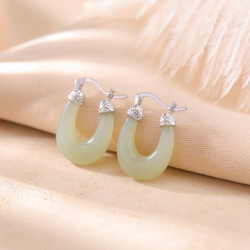 Buddha Stones 925 Sterling Silver Plated Gold Hetian Jade U-shaped Abundance Luck Earrings