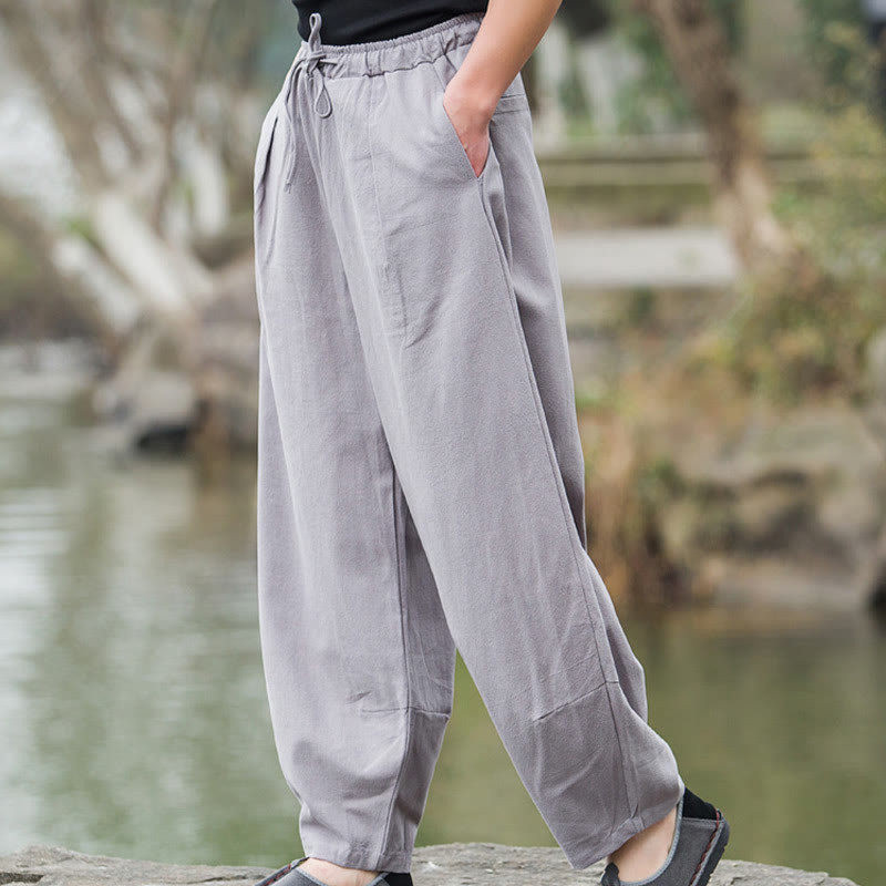 Buddha Stones Plain Casual Linen Bloomer Men's Pants With Pockets