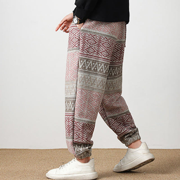 Buddha Stones Jacquard Knitting Casual Cotton Men's Pants With Pockets